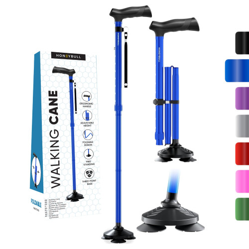 Walking Cane for Men & Women (Blue) Foldable, Adjustable, Heavy Duty, Free Standing, All Terrain, Collapsible Walking Sticks for Seniors & Adults
