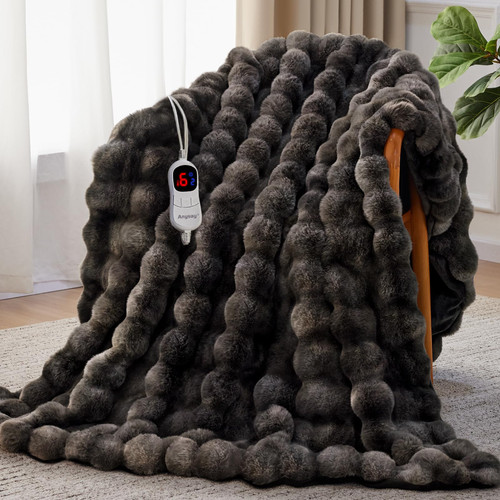 Anysay Heated Blanket Throw with 1/2/4/6/8 Hours Auto-Off 10 Heat Level, 50'' * 60'' Cozy Faux Rabbit Fur Bubble Electric Blanket with Overheat Protection(Tie-Dye Dark Grey)