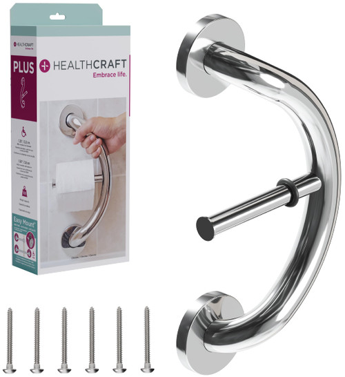 HEALTHCRAFT Plus 2-in-1 Toilet Paper Holder and Grab Bar (14 Inch) | ADA Compliant Safety Grab Bar for Seniors, Wall-Mounted, Supports Up to 500 lbs, Polished Chrome
