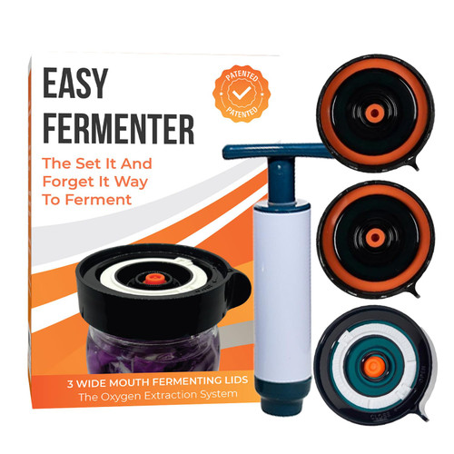 Easy Fermenter Fermentation Kit, Includes 3 Fermenting Lids for Wide Mouth Mason Jars & Oxygen Extractor Pump, Mason Jar Airlock Lid For Fermenting Kimchi, Pickle, & Sauerkraut
