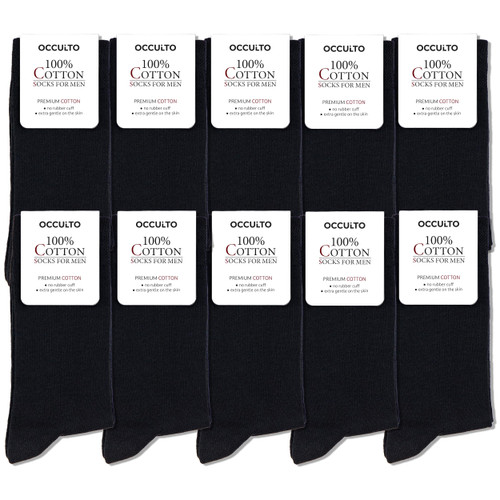 Occulto Men 100% Cotton Dress Socks Pack of 10 (model: Ingo) 10 Pairs | Black 6.5-9.5
