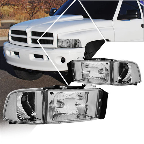 PM PERFORMOTOR 4Pcs Headlights Assembly+Corner Lamps Compatible with 94-02 Dodge Ram 1500 2500 3500,Chrome Housing Clear Corner