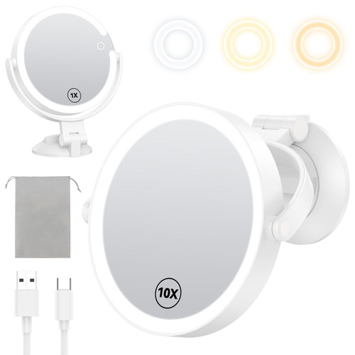 Gospire 7” Wall Mounted Makeup Mirror with Powerful Suction Cup, Double Sided 1X/10X Magnification, 3 Color Lights and Adjustable Brightness, 2000mAh Rechargeable Battery, Shaving for Men - White