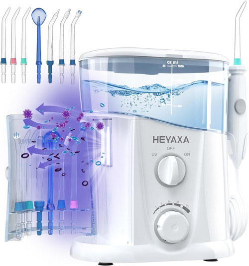 HEYAXA Water Dental Flosser for Teeth Cleaning with 1000ML Large Capacity and UV Storage, 10 Adjustable Pressure Electric Oral Irrigator with 7 Jet Tips for Home Use, Gums, Braces (White)