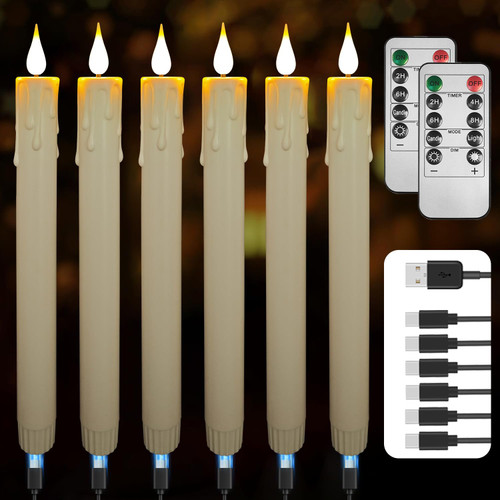 SUNGEGE Rechargeable Flameless Taper Candles – 6-Pack, 9.9-Inch, Ivory Plastic, USB-C Charging, 120+ Hours Runtime, Remote & Timer, Flickering LED, Safe for Home & Events