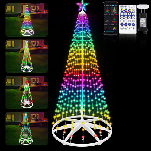 8ft 388 LED Smart LED Christmas Cone Tree Light, Lighted Artificial Tree with Star Topper, Music Sync with Remote APP Control, DIY RGB Light Show Trees for Xmas Indoor Outdoor Decorations