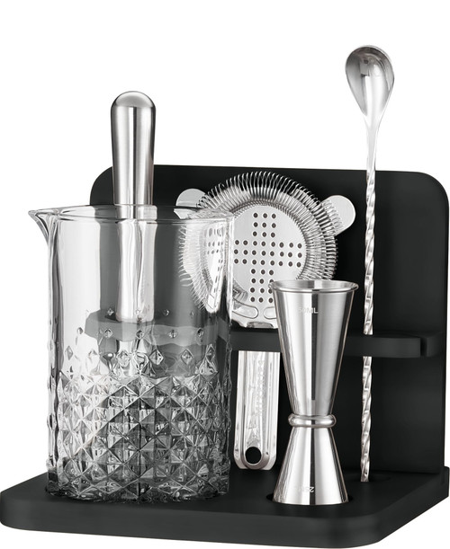 Crystal Cocktail Mixing Glass Set with Bamboo Stand - 22 Oz 650ml - Thick and Sturdy Bottom, Durable and Seamless Design with Bar Accessories