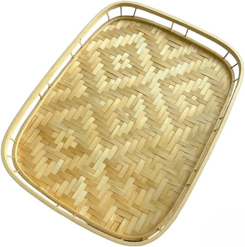 Rectangular Bamboo Wicker Serving Trays with Handles, Handwoven Coffee Trays for Coffee, Breakfast, Bread, Food, Dish and Decorative Trays for Dining Table
