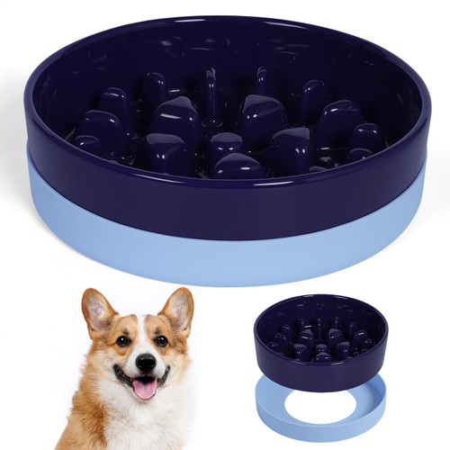 Sted Ceramic Slow Feeding Dog Bowl with Silicone Base, Small Medium Breed, Slow Down Eating, Puzzle Dog Food Bowl, Maze Blue