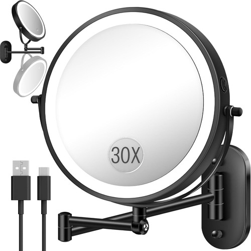 30X/1X Wall Mounted Lighted Makeup Mirror, 9'' Height Adjustable Double Sided 5000mAh Rechargeable Magnifying Bathroom Mirror with Light, 3 Color Modes Touch Dimmable Extended Arm 360 Rotation