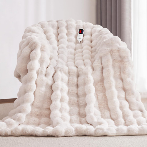 Anysay Heated Blanket Queen Size with 1/2/4/6/8 Hours Auto-Off 10 Heat Level, 72'' * 84'' Cozy Faux Rabbit Fur Bubble Electric Blanket with Overheat Protection(White)