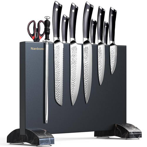 Nanbone Magnetic Knife Block Without Knives, Black Stainless Steel Magnetic Knife Holder Stand with Strong Knife Magnet Double Side Knife Magnetic Strip Knife Storage Organizer for Kitchen Counter Top