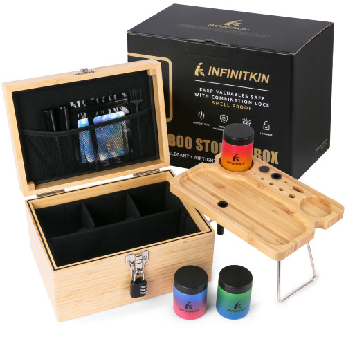 INFINITKIN Premium Storage Box, Smell-Proof & Airtight, with Combination Lock, Foldable Tray & Gradient Glass Jar – Large Wooden Organizer Box Perfect for Travel or Home Gifts