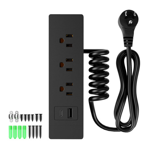 Drawer Outlet Kit, Recessed Furniture Power Strip, PD 20W Fast Charging Horizontal Outlet, Clutter-Free Drawer Socket with 2 USB(A & C) and 3 12 Amp AC Ports, 7.2 FT Power Cord, Spring Cable