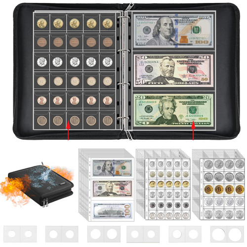 Fireproof Coin Collection Book Holder for Collectors,400 Pockets Fireproof Coin Holder Book & 36 Paper Currency Binder Sleeves, Coin Storage Collecting Organizer for Pennies,Bill,Tokens,Badges