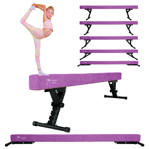 Kangaroo Hoppers Adjustable Balance Beam for Kids Ages 6-12, Foldable Gymnastics Beam, High and Low Floor Beam, Beginners and Professionals Home Training Equipment with Anti-Slip Foot, 8FT, Purple