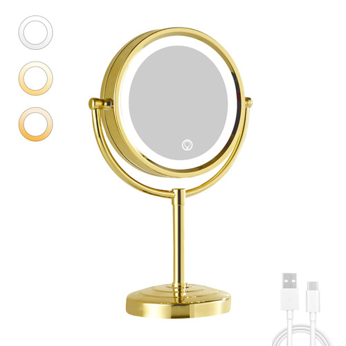 GURUN 8.5 Inch Rechargeable LED Lighted Tabletop Makeup Mirror with 10x Magnification Dimmable 3 Colors Touch Control 4500mAh Double Sided Gold Finish 2208D-T(10x, Gold)
