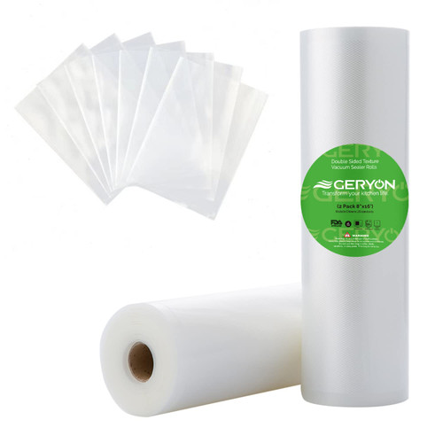 GERYON Vacuum Sealer Bags for All Food Vacuum Sealer Machine, 2 Pack 8" x 16' Vac Sealer Rolls, Commercial Grade BPA-Free Material for Sous Vide & Saver Storage GERYON Vacuum Sealer Bags for All Food Vacuum Sealer Machine, 2 Pack 8" x 16' Vac Sealer Rolls, Commercial Grade BPA-Free Material for Sous Vide & Saver Storage