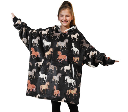 Huglanket Horse Gifts for Girls, Women, Horse Lovers, Wearable Flannel Horse Blanket Hoodies, Super Soft Warm Cozy with Big Pockets - One Size Fits Most, Blackv