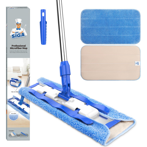MR.SIGA Professional Microfiber Mop for Hardwood, Laminate, Tile Floor Cleaning, Stainless Steel Telescopic Handle - 3 Reusable Flat Mop Refills and 1 Dirt Removal Scrubber Included