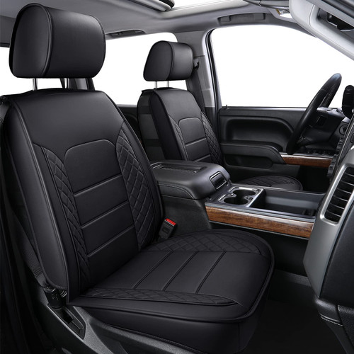 LUCKYMAN CLUB Chevy Silverado/Sierra Front Seat Cover X04-S3, Fit 2007-2025 1500/2500 HD/3500 HD Crew, Regular, Double/Extended Cab with Water Proof Faux Leather (Front only, Black)