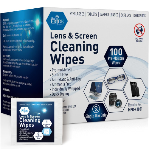 MED PRIDE Lens and Screen Cleaning Wipes for Eyeglasses, Touch Screens, Cameras, Anti-Fog, Scratch-, Anti-Static (100 100 Count (Pack of 1))