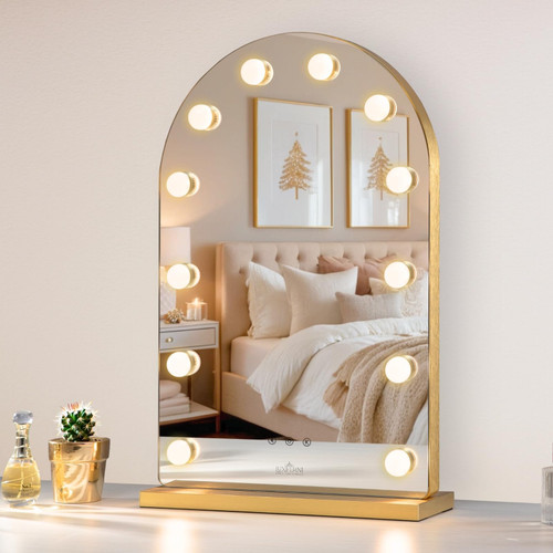 LUXFURNI Hollywood Mirror with Lights Makeup Mirror for Bedroom, Large Vanity Lighted up Mirror with 12 Dimmable Bulbs Smart Touch Control 3 Color Lighting Modes(Gold)