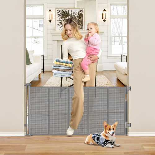 Reinforced 26 Inch Tall Retractable Child Gate to Step Over 55" Wide Small Retractable Baby Gates for Stair Retractable Dog Gate Short Mesh Dog Gate Retractable Toddler Gates for Doorways Doggy Gate