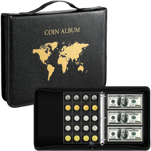 Ettonsun Coin Collection Book Holder for Collectors, 220 Large Pockets Coin Collecting Storage Album & 33 Sleeves Paper Money Display Case for Collectible Notes Currency Bill Coin Collection Supplies