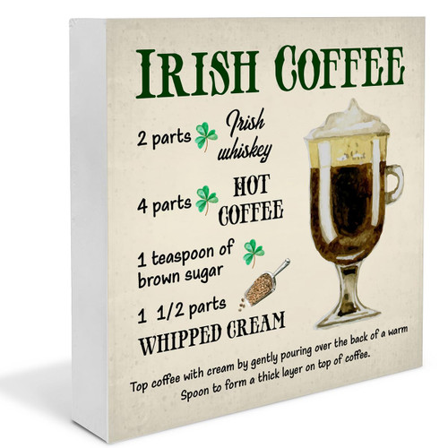 Coffee Decor, St. Patricks Day Irish Coffee Wooden Sign Home Kitchen Decor for Desk Table Shelf 5 x 5 Inches, St Patricks Day Decorations