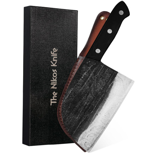Serbian Chef Knife - 6.7 Inch Hand-Forged High Carbon Steel Full Tang Butcher Knife with Wood Handle - Razor Sharp Cooking Knife - Leather Sheath Included