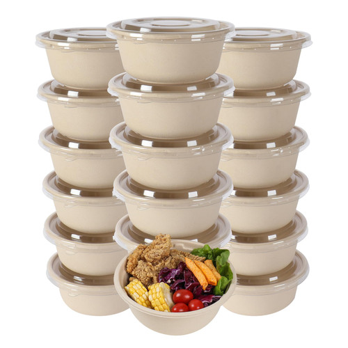 JAYEEY 37 oz Disposable salad bowls with lids, Sugarcane Fiber Paper Bowls take away food containers Plant Fibers Freezer Safe 50 Pack