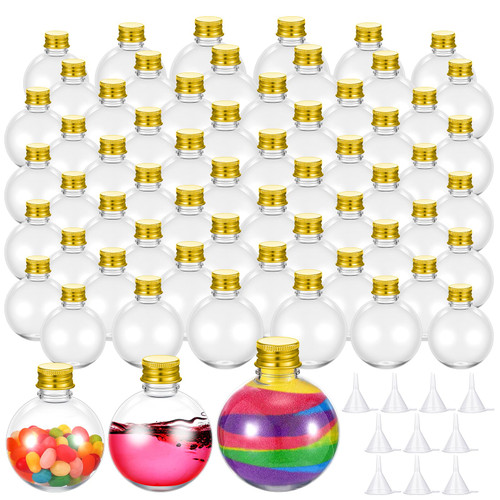 Baderke 30 Pcs Plastic Potion Bottles, 3oz&5oz&6oz Ball Shape Round Sand Art Bottles with 10 Pcs Funnels for Halloween Decoration Wedding Cocktail Ornament Candy Jar DIY Crafts(Gold,Aluminum)