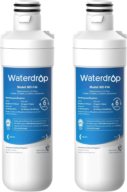 Waterdrop LT1000PC ADQ747935 MDJ64844601 Refrigerator Water Filter, Replacement for LG® LT1000P®, ADQ74793501, ADQ74793502, Kenmore 46-9980, 9980, Pack of 2