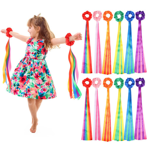 VioraWhite 12 Pcs Rainbow Dance Ribbons Rainbow Rhythm Ribbons Wrist Streamers Hand Held Rhythm Streamers Gymnastics Dance Decorations for Kid Adult, Assorted Color (0.8 x 19.7 Inch,Multicolor)