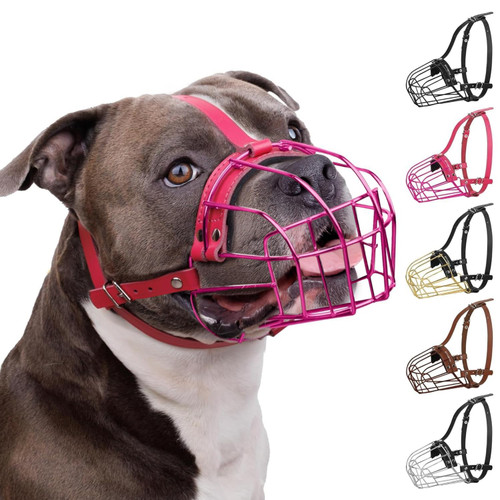 BRONZEDOG Pitbull Dog Muzzle Metal Mask Amstaff Wire Basket Pit Bull Adjustable Leather Straps for Large Dogs (Pink)