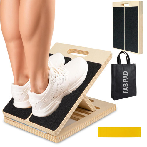 Fab Pad Wooden Slant Board for Calf Stretching – Adjustable Incline Exercise Stretcher for Ankle, Heel, Knees & Leg Mobility – Portable Wedge Equipment for Squats – Yellow Resistant Band