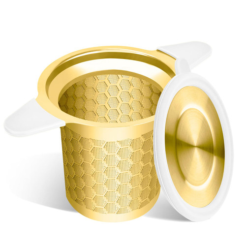 Tea Infuser for Loose Leaf Tea, Extra Fine 304 Stainless Steel Tea Strainer Stepper with Heat-Resistant Silicone Handles and Lid, Large Capacity Tea Basket Filter for Mug, Cup (Gold)