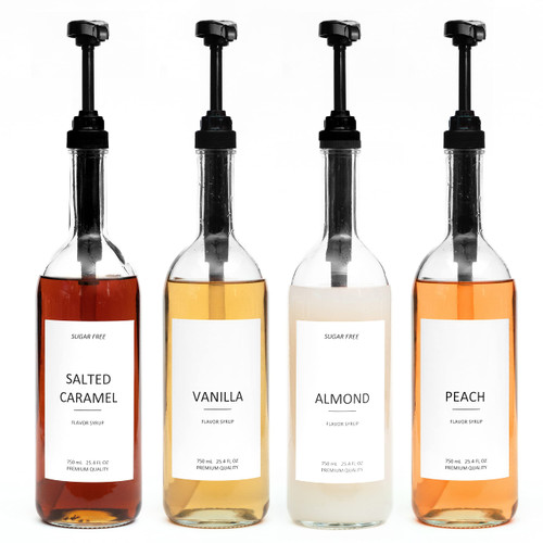 Demi's Home 25.4 oz 750 ml Glass Coffee Syrup Dispenser for Coffee Bar - 4 Pack - Comprehensive Label Set & ¼ oz Pumps Included