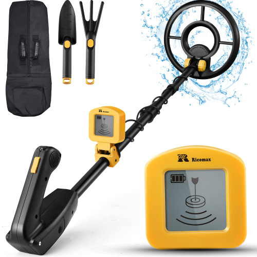 RM RICOMAX Kids Metal Detector, 7.4" Search Coil, LCD Display, IP68 Waterproof, 2 Lb Lightweight, 24 to 35'' Adjustable Metal Detector for Kids, Exploration Hiking, Best Toy for Boys, Yellow