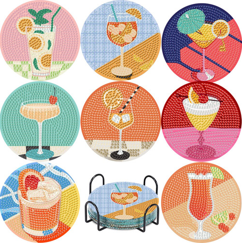 CAMOYAI 8 pcs Diamond Art Coasters Kits with Holder, DIY 5D Retro Cocktail Diamond Painting Coasters,Diamond Art Kits for Adults Beginners