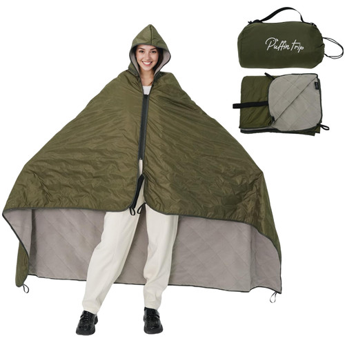 Wearable Warm Camping Blanket Waterproof Windproof Quilted Fleece Stadium Outdoor Blanket with Portable Bag for Cold Weather Picnic Sports Pet Beach Travel Car 79x55 inches Olive Green with Hat