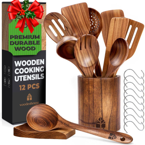 Wooden Spoons for Cooking – Wooden Cooking Utensils Set with Holder, Spoon Rest & Hooks, Teak Wood Nonstick Kitchen Cookware – Durable Set of 12pcs by Woodenhouse - Unique Kitchen Gifts for Women Men