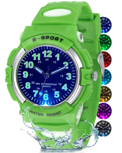 Juboos Kids Watch Analog with 7 Colorful Night Lights Boys Girls Waterproof Soft Strap Kids Time Teaching Quartz Wristwatch