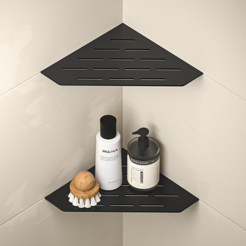 Bernkot Corner Shower Shelf, 304 Stainless Steel Pentagonal Heavy Duty Floating Corner Sheves Slot Design Recessed Bathroom Shelf for Tiled Wall 2 Pack(Matte Black, 8"-2 Pack)