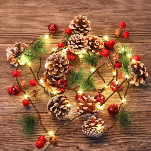 TW SHINE 2 Pack Christmas Pine Cone String Lights, 13 FT 40 LED Total Prelit Battery Operated Garland with Red Berry for Indoor Outdoor Xmas Fireplace Decorations