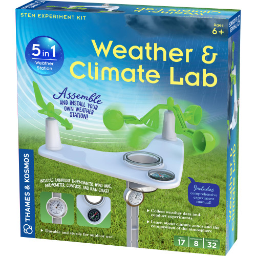 Thames & Kosmos Weather & Climate Lab STEM Experiment Kit, 5-in-1 Weather & Meteorology Station w/Wind Vane, Compass, Rain Gauge, Anemometer & Thermometer for Ages 6+, Includes Stake for Outdoor Use