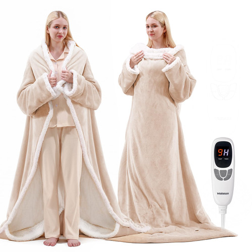 VOLISUN Wearable Heated Blanket with Foot Pocket,Electric Snuggle Throw Blanket with Sleeves,9 Heating Levels & 1-10 Hours Auto Shut Off,50x70 Inch,Beige