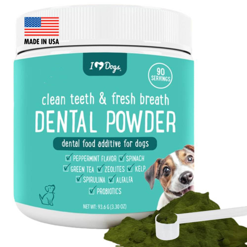 iHeartDogs Clean Teeth & Fresh Breath Dental Powder for Dogs - Targets Tartar & Bad Breath - Natural Herbal Blend with Kelp, Probiotics - Mint, 90 Servings