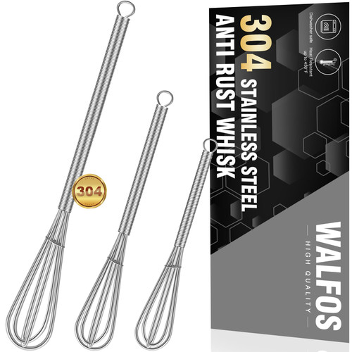 Walfos Whisk,304 Stainless Steel Mini whisk,Small Whisk.6in Long-Handle Non Rust Whisks Nice for stirring individual eggs and mixing small amounts of powder and sauce.Dishwasher Safe.(5+7+10in)